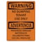 Signmission OSHA Warning Sign, 10" Height, Rigid Plastic, No Dumping Tenant Use Only Bilingual, Landscape OS-WS-P-1014-L-12700 - alternate 1